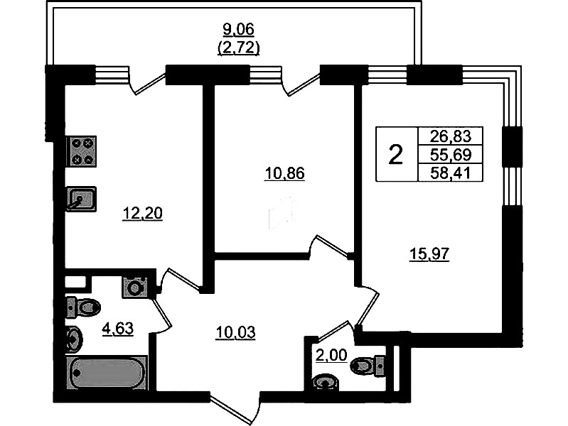 2-комнатная квартира 58.41 м², 1/4 эт., ЖК «Новая история»